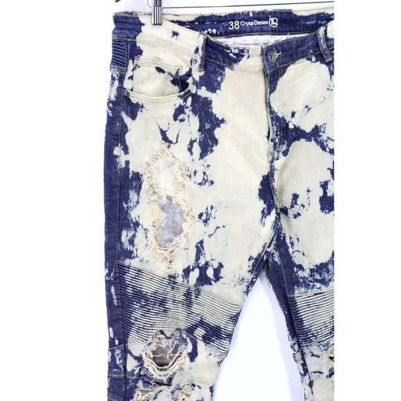 Crysp Denim Jeans Mens Blue Denim Acid Washed Rockstar Moto Distressed Size 38 - Picture 3 of 8